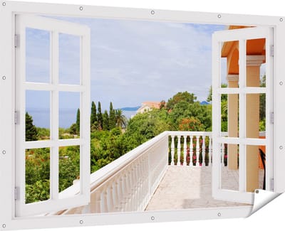 Gards Tuinposter Doorkijk Terras in Toscane - 180x120 cm - Tuindoek - Tuindecoratie - Wanddecoratie buiten - Tuinschilderij