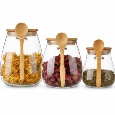 Luxaliving Glazen voorraadpot set 3 stuks met lepel - Opbergpot - Luchtdicht - Bamboe hout - 350ML - 600ML - 1000ML