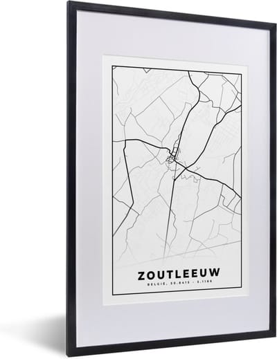 Fotolijst incl. Poster Zwart Wit- Zwart Wit – België – Plattegrond – Stadskaart – Kaart – Zoutleeuw - 40x60 cm - Posterlijst