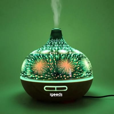 IGOODS - Ultrasonic Aroma Diffuser 3D - Donker bruin hout - 400ml - vuurwerkpatroon