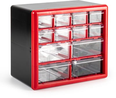 Plasticforte Sorteerbakjes spijkers/schroeven - 12x lades - 26 x 16 x 23 cm - opbergkastjes - ophangbaar - rood/transparant