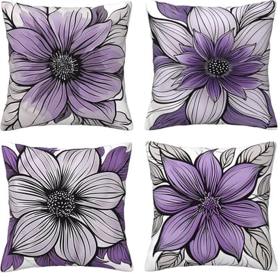 Kussenslopen van 65 x 65 cm, set van 4 stuks, zachte fluwelen kussenslopen met onzichtbare rits, voor slaapbank, thuis, terrasdecoratie, grijs-paarse bloemen, set van 4 kussenslopen 26 x 26 inch