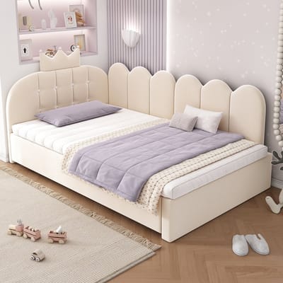 DESMIU Zetelbed 90x200cm Zonder Matras - Uitschuifbed Met L-Vormig Gekroond Gitterontwerp - Voor Kinderkamer En Logeerkamer - Fluweel - Beige
