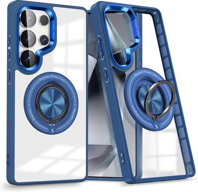 Magsafe Hoesje Geschikt voor Samsung Galaxy S25 Ultra hoesje Transparant Blauw - Met kickstand Draaibare Ring Houder