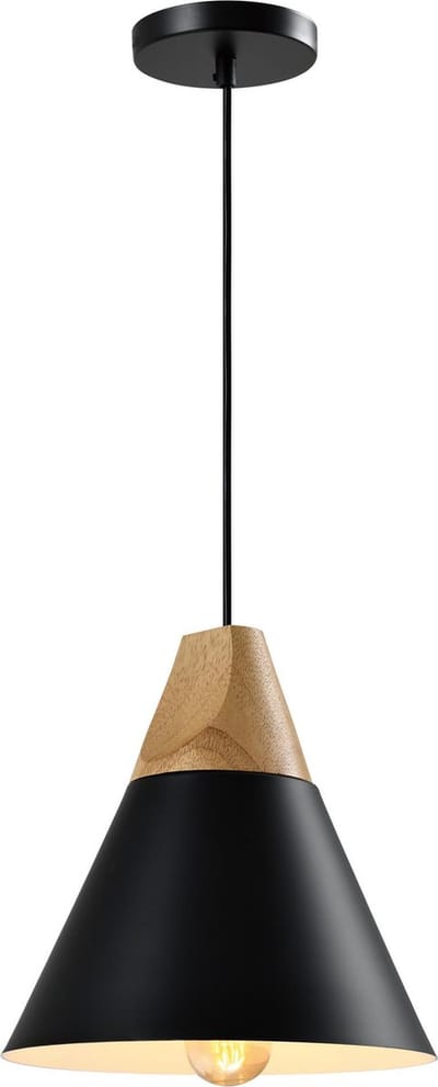 QUVIO Hanglamp Scandinavisch - Lampen - Plafondlamp - Verlichting - Keukenverlichting - Lamp - Kegellamp - E27 fitting - Voor binnen - Met 1 lichtpunt - Aluminium - Hout - D 22 cm - Zwart en lichtbruin