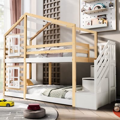 MODENUIT Stapelbed 90x200 cm – Boomhuisbed met ramen – Zijtrap met opbergruimte – Zonder matras – Naturel en Wit