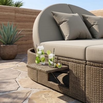 Zonneligbed 2 Personen 199x140x41 cm – Rotan Duo Ligbed Tuin met Klaptafel en Ligfunctie – Weerbestendig Loungebed voor Terras en Balkon – Grijs – Bella