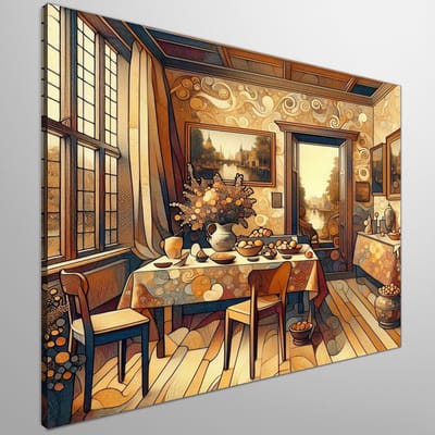 Abstract vermeer schilderij | Verfijnende chaos: Een hedendaags eerbetoon aan de grootmeester Vermeer | Kunst - 30x30 centimeter op Dibond | Foto op Dibond