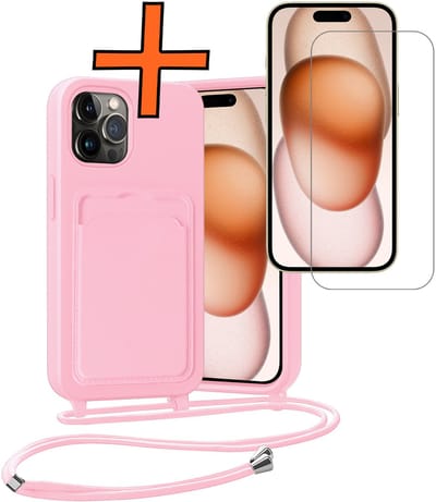 Hoesje Geschikt voor iPhone 14 Pro Hoesje Met Telefoonketting Pasjeshouder Case Met Screenprotector Koord - Hoesje Geschikt voor iPhone 14 Pro Hoes Met Kaarthouder - Lichtroze