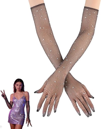 Elegante Zwarte Rimpel Lace Handschoenen met Strass voor Kostuums, Carnaval en Avondkleding
