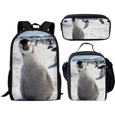 Klassiek Populair Bijzonder Grappig Schattig Pinguïn 3D Print 3 stuks/Set leerling Schooltassen Laptop Dagrugzak Rugzak Lunchtas Etui