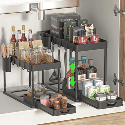 Onder de wastafel organizer met 2 verdiepingen en lades - Keuken en badkamer opslagoplossing