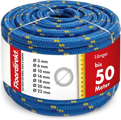 FLOORDIREKT Polypropyleen Touw K2 - Scheurvast, UV-bestendig & Drijvend Touw - Dikte: 18 mm - Lengte: 100 m - Blauw-Geel - voor Algemeen Gebruik - voor Tuin, Camping, Boot & Landbouw - Verkrijgbaar in Vele Kleuren, Diktes & Lengtes