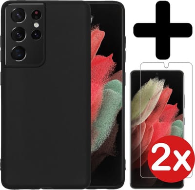 Hoesje - Met 2x Screenprotector - Geschikt voor Samsung Galaxy S21 Ultra - Sterk & Shockproof - Telefoon Hoes - Back Cover - Siliconen Case - Telefoonhoes - Zwart