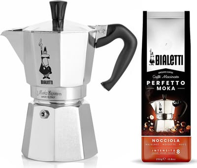 Bialetti Moka Express 6 kops + Bialetti Hazelnoot gemalen koffie 250gr