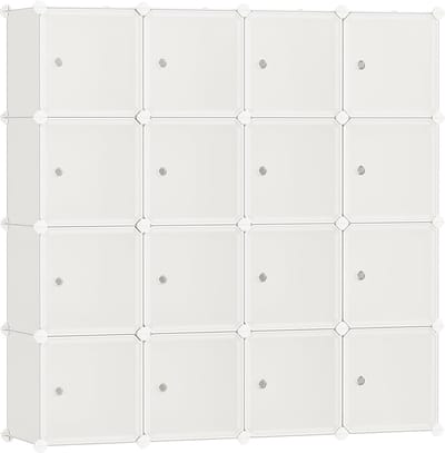 FurnStar - Reksysteem - schoenenrek - set van 16 kubussen - kledingkast van kunststof - met deuren - steekrek - opslag van kleding - schoenen en boeken - eenvoudige montage - crème-wit