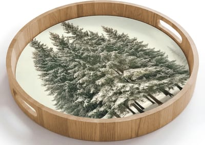 Dienblad rond 40x40 cm - Schootdienblad hout - Bomen - Sneeuw - Wit - Borrelplank rechthoek - Plateau houten dienbladen