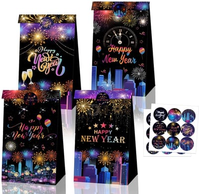 Dailygoods- Geschenkzakken 12 Stuks - Papieren Tassen - Feestbenodigdheden - Oudejaarsavond - Nieuwjaar - Afdichtingsstickers 18 Stuks - Feestzakken