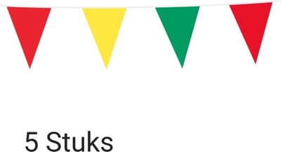 5 Stuks Vlaggenlijn Rood/ Geel/ Groen, 50 meter, Carnaval, Themafeest, Verjaardag.