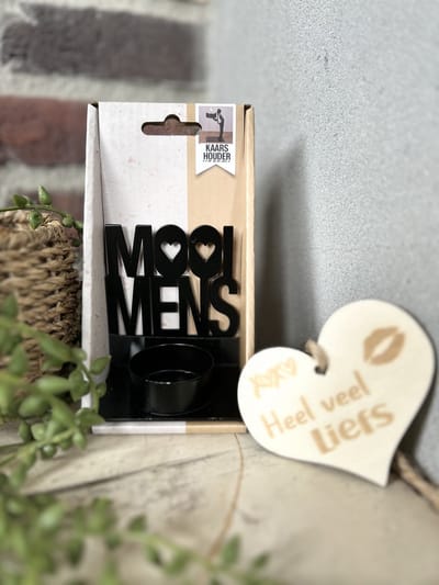 Creaties van Hier - Kaarsenhouder met houten hartje - Mooi Mens - Metaal - 7x4x12 cm