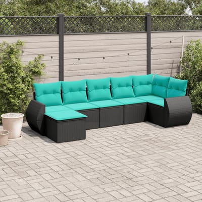 vidaXL - 7-delige - tuinbankset - met - kussens - van - zwart - polyrotan