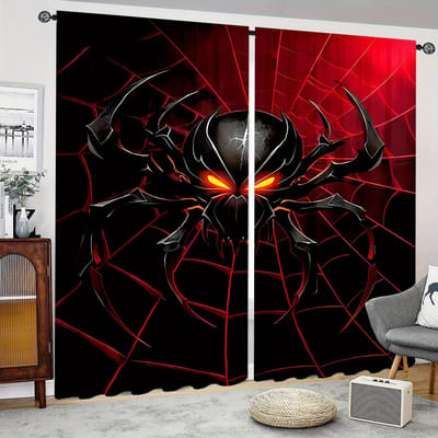 Araignée Noire Rouge Département Impression Numérique HD Rideaux Décoration Intérieure Salon Pour Chambre à Coucher Pochette à Tringle Style Effet Rideau Lit 2x50W130H(CM)&hook