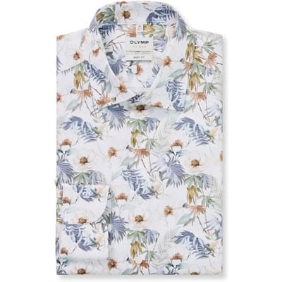 OLYMP Level 5 body fit overhemd - dobby - wit met blauw en bruin bloemen dessin - Strijkvriendelijk - Boordmaat: 40 (EU maat: M)