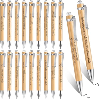20 Inspirerende Bamboepen met Motivational Quotes - Houten Balpen voor Docenten en Werknemers, Zwart Inkt, Perfect voor Schrijven en Cadeaus