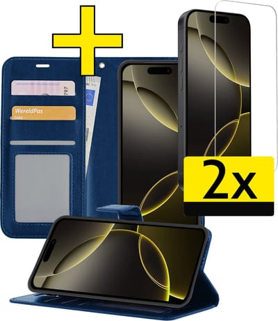 Hoesje - Met 2x Screenprotector - Geschikt voor Apple iPhone 16 Pro - Luxe Pasjeshouder - Bookcase Portemonee - Flip Case - Kunstleer Book Case - Flipcase Hoes - Book Cover - Walletcase - Portemonneehoes - Telefoonhoesjes - Donkerblauw
