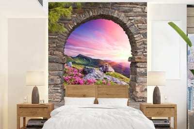 Behang - Fotobehang Landschap - Doorkijk - Bloemen - Berg - Breedte 165 cm x hoogte 220 cm