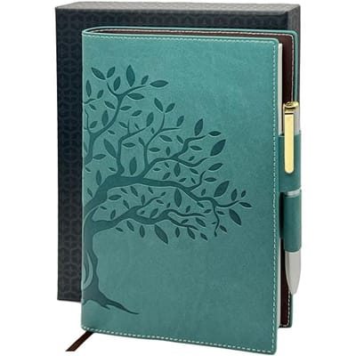 Hervulbaar dagboek met dubbele pennenhouder en luxe pen - 256 pagina's gelinieerd papier - groenblauw met levensboom