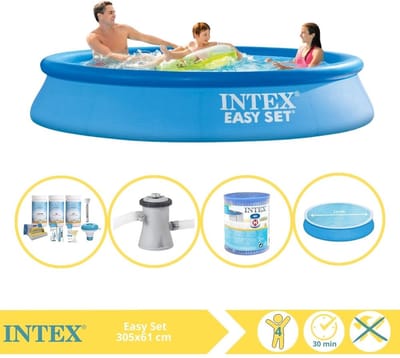 Intex Rond Opblaasbaar Easy Set Zwembad - 305 x 61 cm - Blauw - Inclusief Solarzeil - Onderhoudspakket - Zwembadfilterpomp - Filter - 5-delig