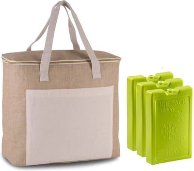 Kimood Grote strand koeltas - jute/canvas - 20 liter - 38 x 32 x 16 cm - met 3x 1000 gram koelelementen