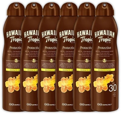 6 x Hawaiian Tropic - Zonnebrand - Island Glow Dry Oil Continuous Spray SPF 30 - Hydraterend & Beschermend - 177 ml - Zonbescherming - Zonbrand Spray - Droge Olie - SPF 30 - Huidhydratatie