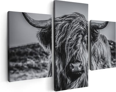 Artaza Canvas Schilderij Drieluik Schotse Hooglander Koe - Zwart Wit - 90x60 cm - Wanddecoratie Woonkamer - Schilderijen - Muurdecoratie