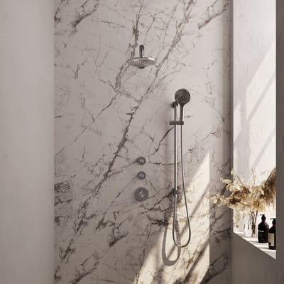 Brauer Brushed Edition thermostatische inbouw regendouche SET 19 met 20 cm douchekop en rechte muurarm en 3-standen handdouche en doucheslang en geïntegreerde glijstang RVS geborsteld PVD