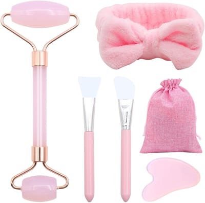 Gua Sha en Jade Roller Set - Roze Kwarts Gezichtsmassage Tool voor Anti-Aging en Huidverzorging, Ideaal voor Gezicht, Ogen en Hals