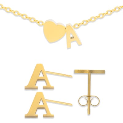 Initiaal Armband & Oorbellen set met Letter A Goudkleurig - Stainless Steel - Met letter & Hartje! - 2x Sieraden Cadeau - Pax Amare