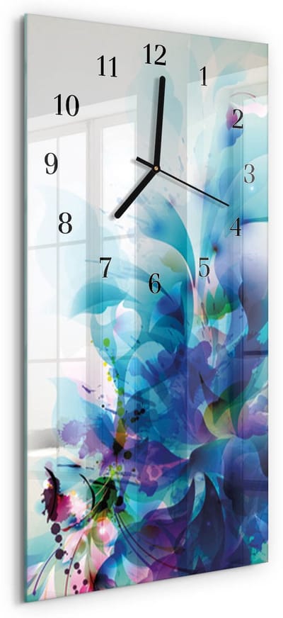 Tulup Wandklok - Abstractie Glazen Klok Met Print - 30x60 cm - Blauw Moderne Glazen Wandklok - Zwarte Handen - Rechthoekige Wandklok - Glazen Wandklok Design - Klok Glas Met Opdruk