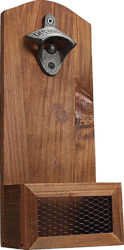 SONNENH Wandflesopener met opvangbak - hout en ijzer - 30 cm - bieropener voor bar en keuken