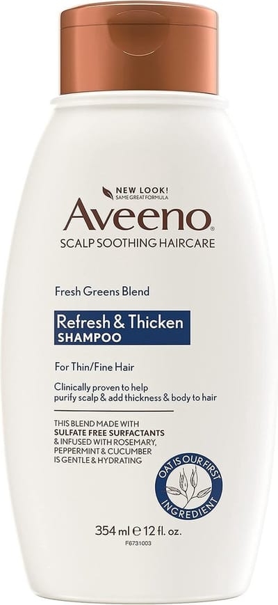 Aveeno, Fresh Greens Blend sulfaatvrije shampoo - met rozemarijn, pepermunt en komkommer om te verdikken en te voeden, te verhelderen - Volumegevende shampoo voor dun of fijn haar - vrij van parabenen - 354ml
