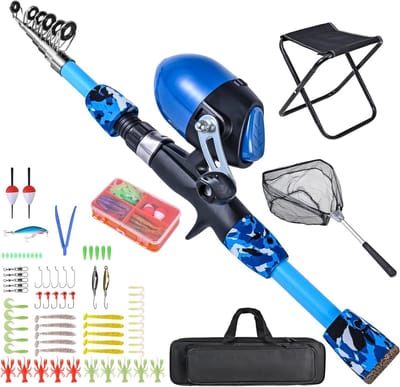 Complete Visset voor Kinderen met Opvouwbare Visstoel, Telescopische Hengel, Schepnet en Tackle Box - Perfect voor Jongens en Meisjes