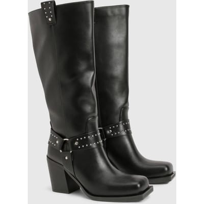 boohoo Dames Western bikerlaarzen met brede pasvorm en gespdetail | Black | Maat: 3