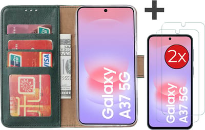 Hoesje met 2 Stuks Screenprotectors Geschikt voor Samsung Galaxy A37 – Arara bookcase met pasjeshouder - Groen