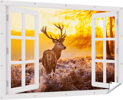 Gards Tuinposter Doorkijk Hert in Bos tijdens de Zonsopkomst - 180x120 cm - Tuindoek - Tuindecoratie - Wanddecoratie buiten - Tuinschilderij
