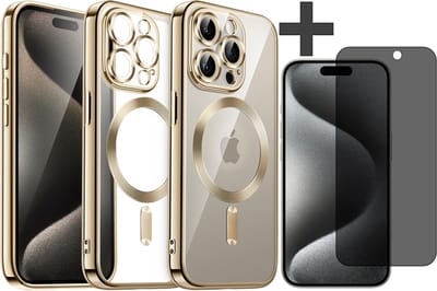 Hoesje met Privacy Screenprotector Geschikt voor iphone 15 Pro Max Hoesje - Geschikt voor MagSafe - Arara siliconen Backcover - Goud
