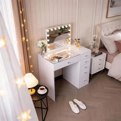 VANITII GLOBAL Kaptafel met Spiegel LED 6 Lades-Wit 92 x 55x 127 cm
