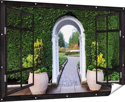 Gards Tuinposter Doorkijk Doorkijk met Potten - 180x120 cm - Tuindoek - Tuindecoratie - Wanddecoratie buiten - Tuinschilderij