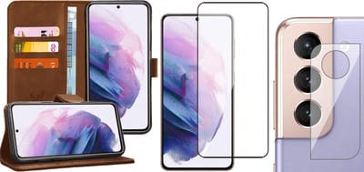 Hoesje geschikt voor Samsung Galaxy S21 FE - Book Case Kunstleer Wallet Cover Portemonnee Pasjeshouder Hoes Bruin - Full Tempered Glass Screenprotector - Camera Lens Protector