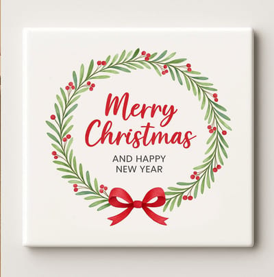 Merry Christmas & Gelukkig Nieuwjaar Tegel – Elegante Kerstkrans Wanddecoratie – Keramische Tegel 15 × 15 cm